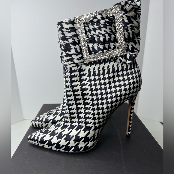 Alexandre Vauthier Yasmin Satin Buckle Plaid Houndstooth Booties Heels 38/ 8 - Picture 5 of 12